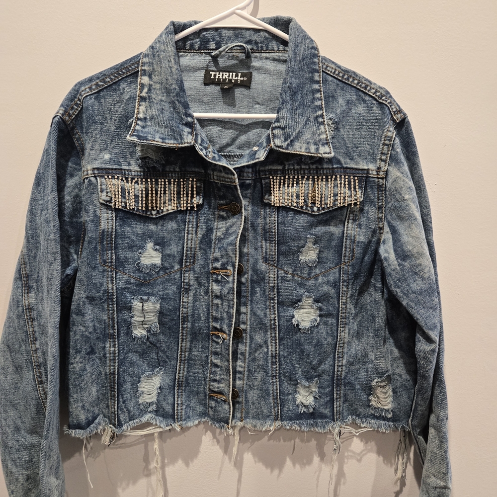 Thrill Embellished Distressed Cropped Denim Jacket - Light Blue